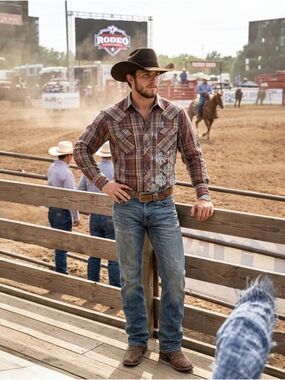 Roper Mens Small Beige Brown Pearl Snap Plaid Floral Western Pocket Cowboy Shirt